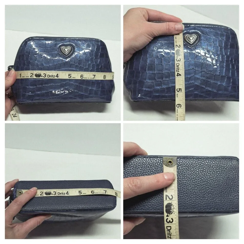 Brighton Bellissimo Heart Croc Print Blue Patent Leather Cosmetic Bag Pouch